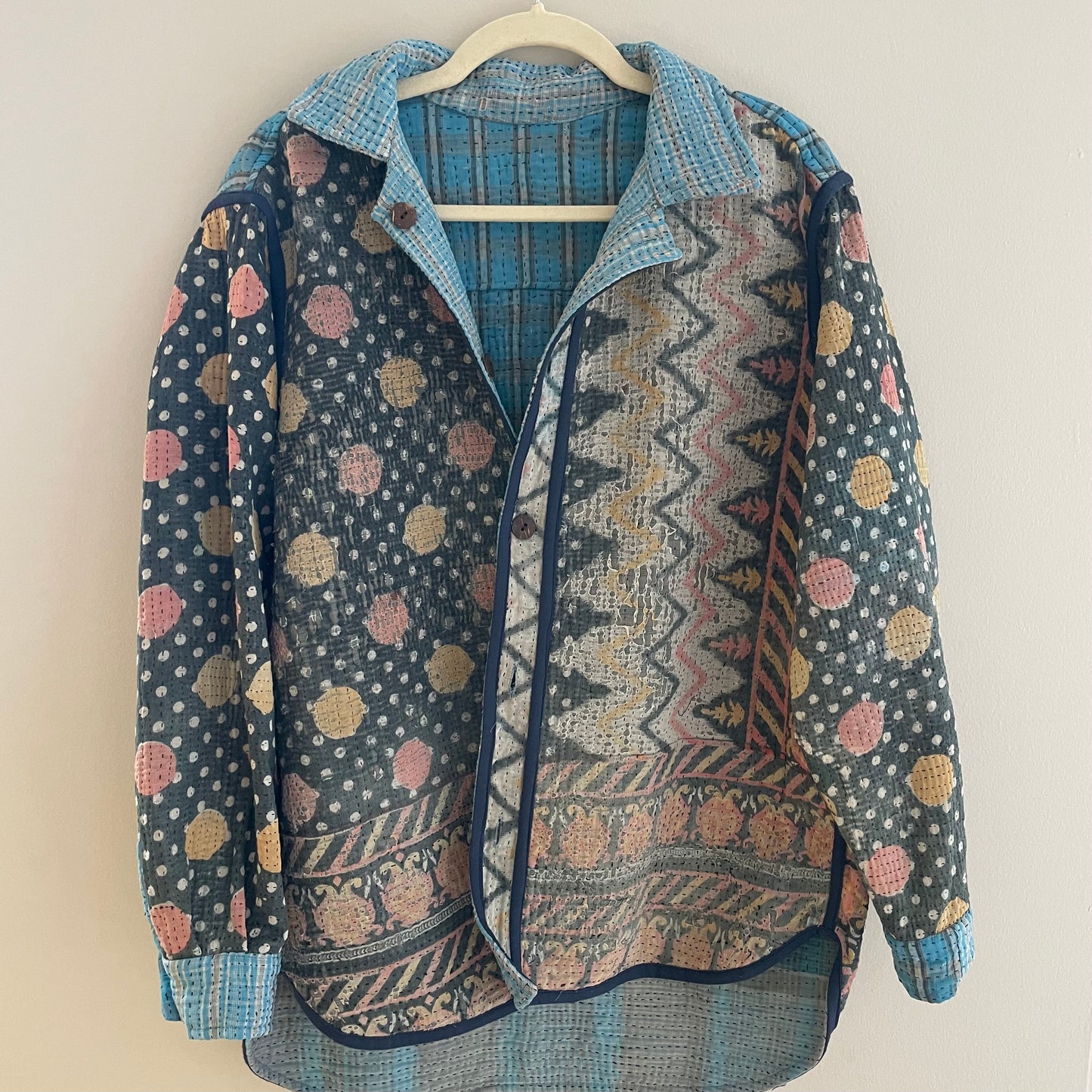 Reversible Vintage Kantha Jacket- Small/Medium (Blue/polka)