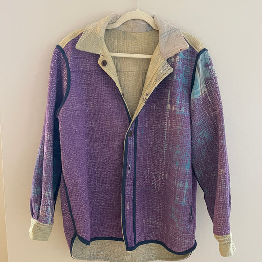 Reversible Vintage Kantha Jacket- Small/Medium (Purple/Beige)