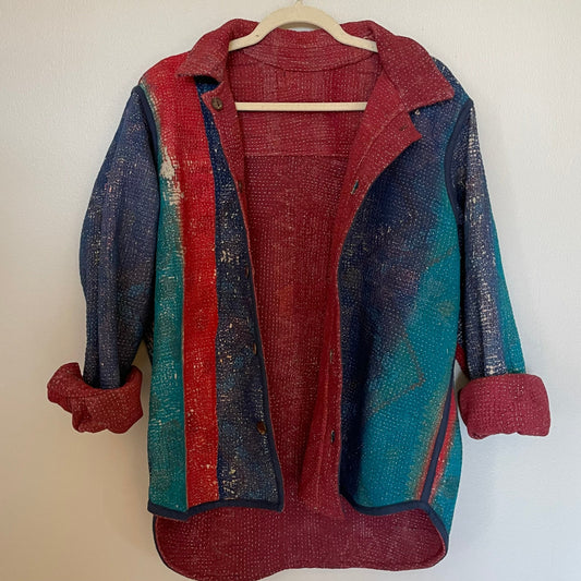 Reversible Vintage Kantha Jacket- Small/Medium (Red/Blue)