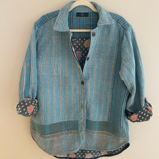 Reversible Vintage Kantha Jacket- Small/Medium (Blue/polka)